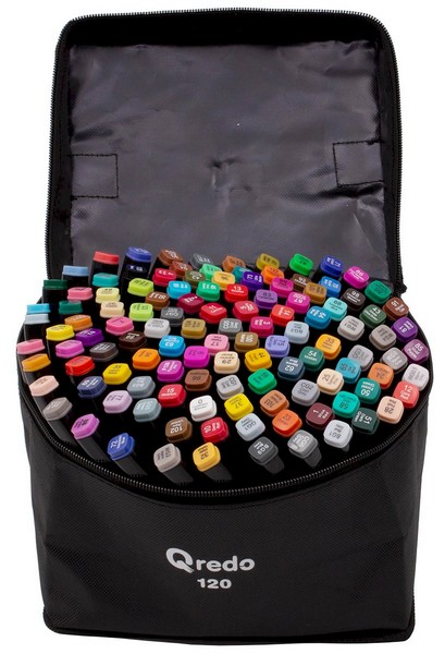 Маркеры для скетчинга "Black" 120 штук, двусторонние, в текстильной сумке , QREDO 048121200 (15-3644)
