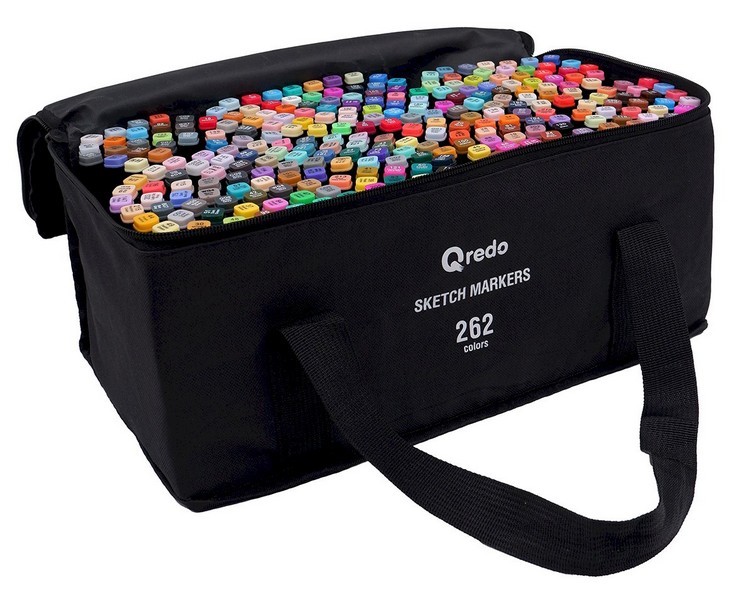 Маркеры для скетчинга "Black" 262 штук, двусторонние с раскраской 10л, в текстильной сумке, QREDO 048261200 (15-6246)