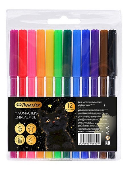 Фломастеры 12 цв. ПандаРог "Mystery Cat" смываемые, в пластиковом блистере 0172121200 (15-7492)