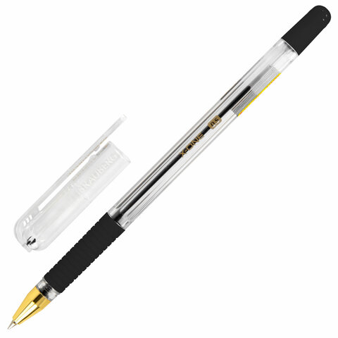 Ручка шариковая с грипом BRAUBERG "X-ONE", ЧЕРНАЯ, корпус прозрачный, узел 0,5 мм, линия письма 0,35 мм 143988