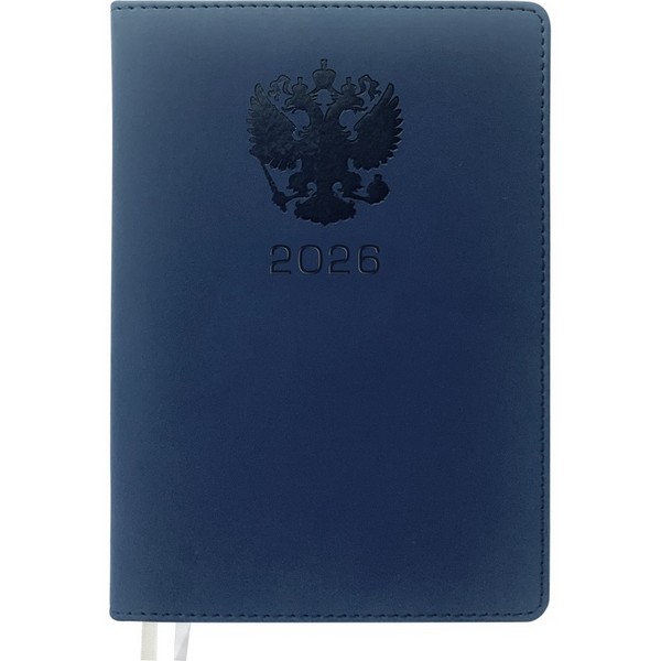 Еженедельник датированный 2026 "deVENTE. Emblem" A4 (210 ммx290 мм) 128 стр, кремовая бумага 70 г/м2, печать в 2 краски, твердая обложка из искусственной кожи с поролоном, отстрочка, термо тиснение, перфорация, закругленные уголки, 2 ляссе, в термоусадочной пленке, синий 2236615