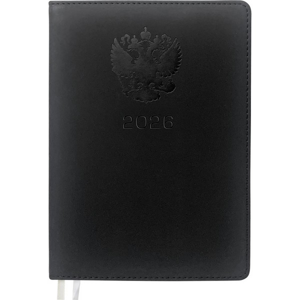 Ежедневник датированный 2026 "deVENTE. Emblem" A5 (145 ммx205 мм) 336 стр, кремовая бумага 70 г/м2, печать в 2 краски, твердая обложка из искусственной кожи с поролоном, отстрочка, термо тиснение, перфорация, закругленные уголки, 2 ляссе, в термоусадочной пленке, черный 2232618
