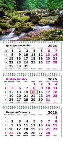Календарь настенный квартальный 2026г. "Каменистый ручей" 3-х блочный на 3-х гребнях, белая подложка 3120-26
