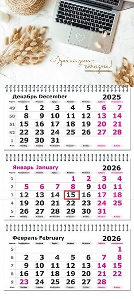 Календарь настенный квартальный 2026г."Офис. Лучший день - сегодня" 3-х блочный на 3-х гребнях, белая подложка 13с14-288