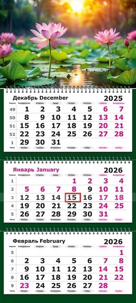 Календарь настенный квартальный 2026г. "Розовые Лотосы" 3-х блочный на 3-х гребнях, зеленая подложка 13с14-306
