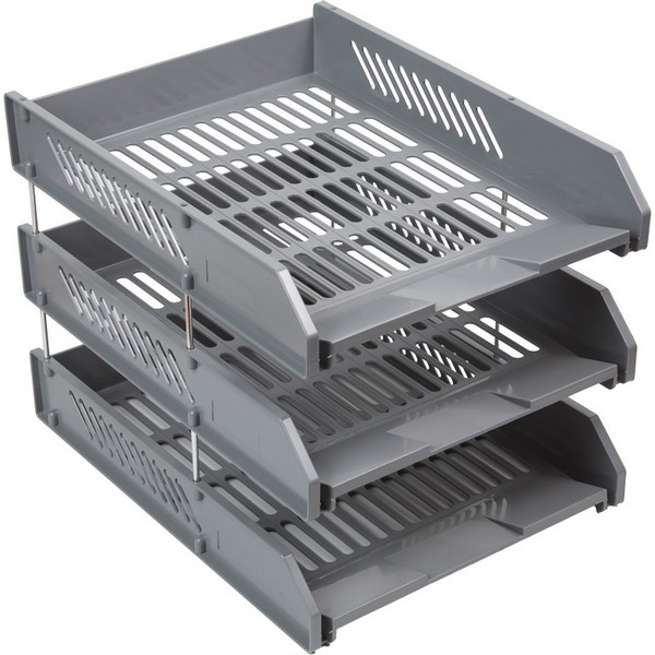 Лоток для бумаг горизонтальный "deVENTE", 3-x секционный A4 размер 258x332x255 мм, полистирол, металлические штыри, для бумаги формата А4, серый, индивидуальная упаковка 3040404