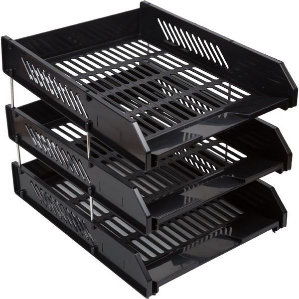 Лоток для бумаг горизонтальный "deVENTE", 3-x секционный A4 размер 258x332x255 мм, полистирол, металлические штыри, для бумаги формата А4, черный, индивидуальная упаковка 3040403