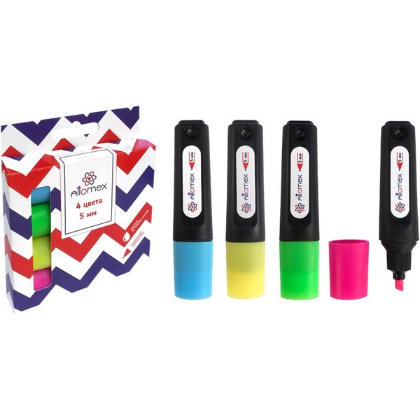 Набор текстовыделителей "Attomex" (04 цв - желт, зел, гол, роз) плоский корпус, скошенный наконечник, ширина линии 1-5 мм, в картонной коробке 5045356