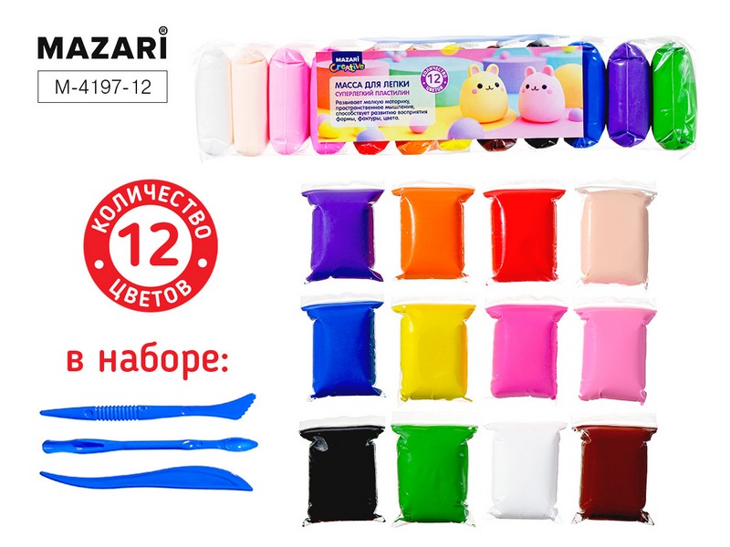 Суперлёгкий пластилин (масса д/лепки), 12 цветов по 12 г, пластиковые стеки 3 шт в комплекте, ОПП-упаковка M-4197-12