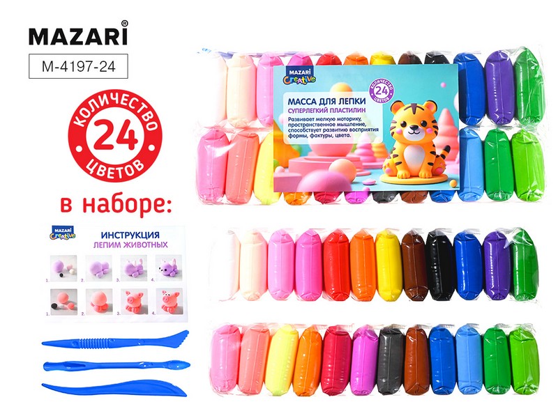 Суперлёгкий пластилин (масса д/лепки), 24 цвета по 12 г, пластиковые стеки 3 шт в комплекте, ОПП-упаковка M-4197-24