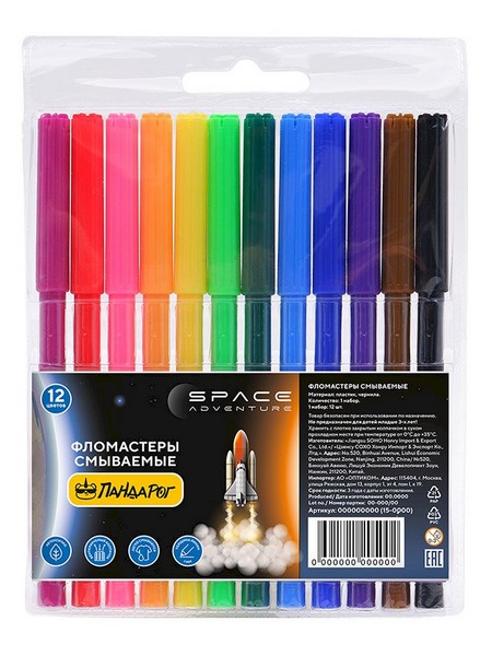 Фломастеры 12 цв. ПандаРог "Space Adventure" смываемые, в пластиковом блистере 0172121300 (15-7496)