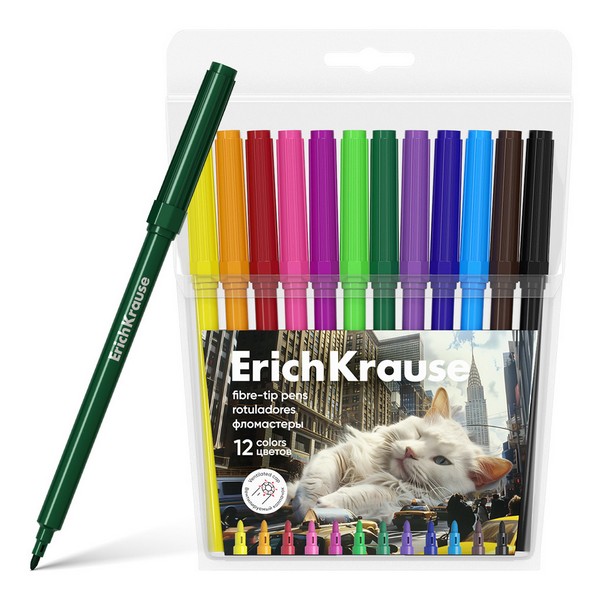 Фломастеры ErichKrause Big City Cats, 12 цветов (в футляре с европодвесом 12 шт) 62990