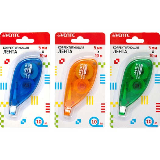 Корректирующая лента 5мм*10м "deVENTE", 3 цвета ассорти (синий, зеленый, оранжевый) фронтальный аппликатор, в картонном блистере 4062106