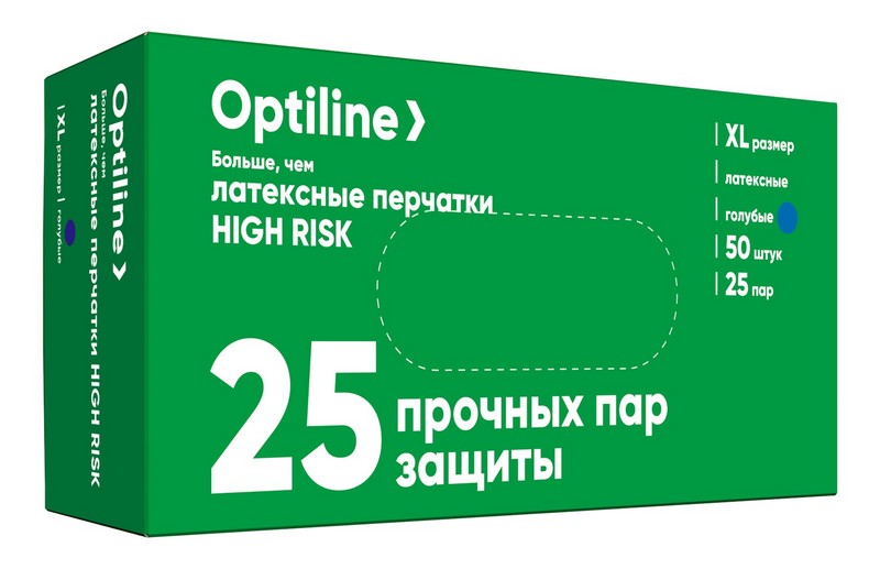 Перчатки латексные High Risk Optiline  голубые (13 гр) 25 пар (50 штук) (XL) *50/500 27-3408