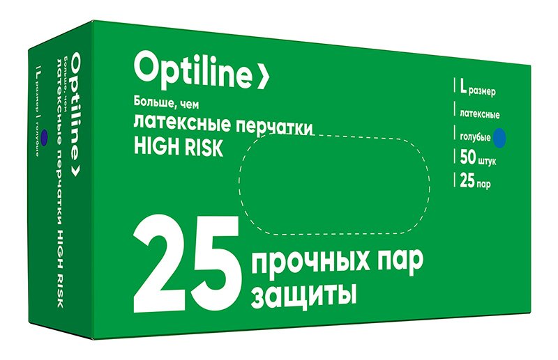 Перчатки латексные High Risk Optiline  голубые (13 гр) 25 пар (50 штук) (L) *50/500 27-3407