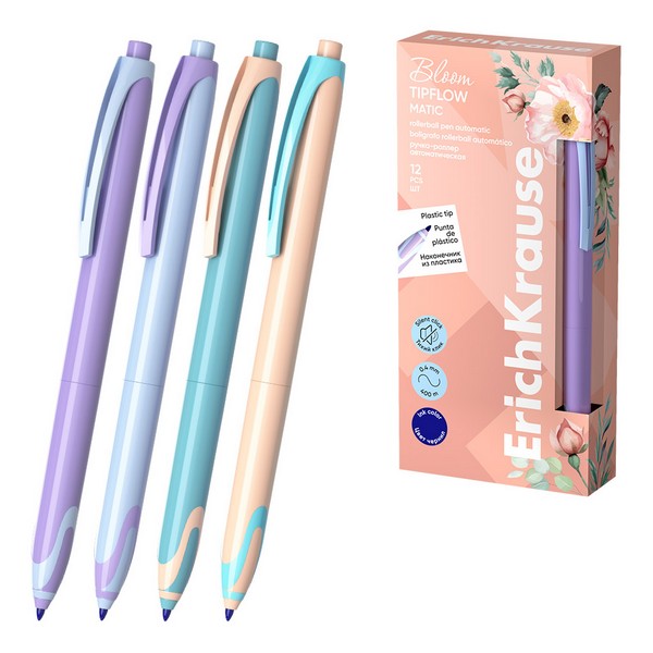 Ручка-роллер автоматическая ErichKrause TipFlow Matic Pastel Bloom 0.5, цвет чернил синий (в коробке по 12 шт.) 63705