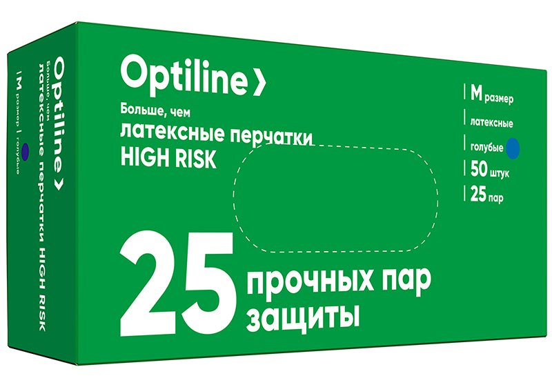 Перчатки латексные High Risk Optiline  голубые (13 гр) 25 пар (50 штук) ( M) *50/500 27-3406