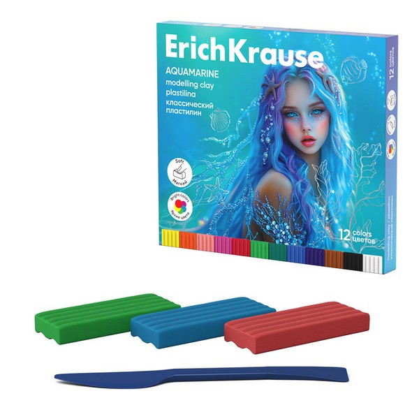 Пластилин классический ErichKrause Aquamarine 12 цветов со стеком, 180 г (в коробке 12 шт) 65192