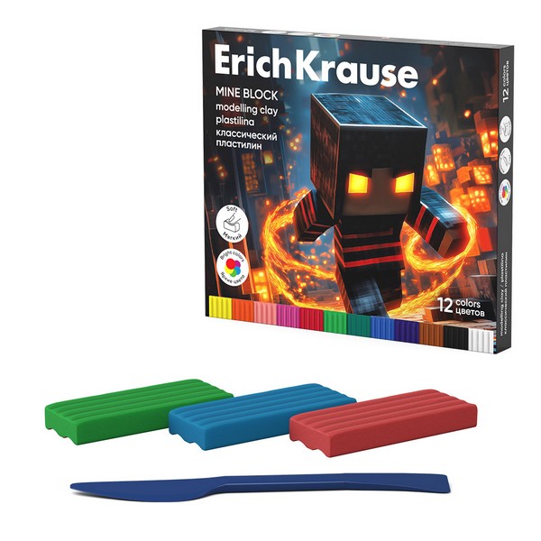 Пластилин классический ErichKrause Mine Block 12 цветов со стеком, 192 г (в коробке 12 шт) 65201