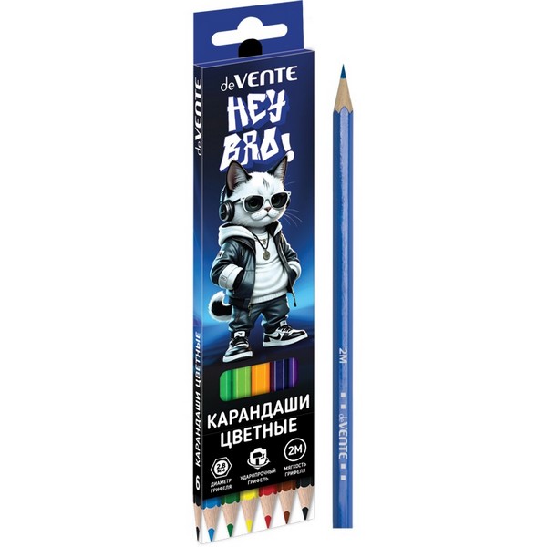 Карандаши 6цв., "deVENTE. Hey Bro" 2М, диаметр грифеля 2,8 мм, шестигранные, в картонной коробке 5021621