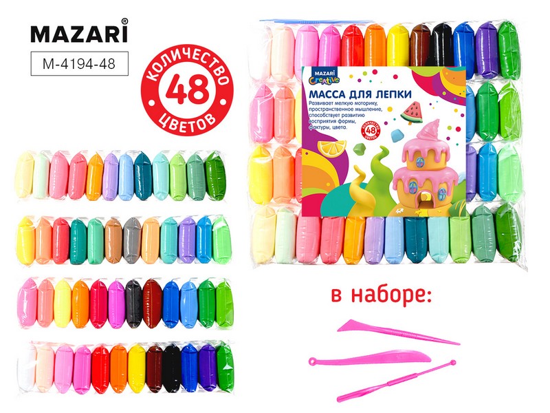 Суперлёгкий пластилин, воздушный (масса д/лепки), 48 цветов по 13 г, пластиковые стеки 3 шт в комплекте, ОПП-упаковка M-4194-48