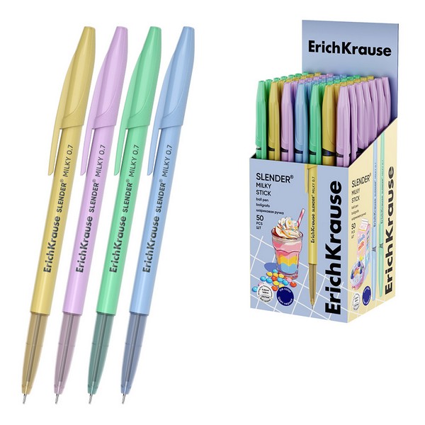 Ручка шариковая ErichKrause Slender® Stick Milky 0.7, Super Glide Technology, цвет чернил синий  65465