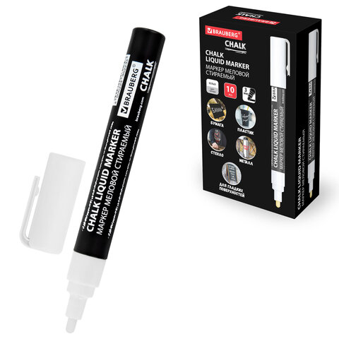 Маркер меловой CHALK LIQUID MARKER, БЕЛЫЙ, 3 мм, стираемый, BRAUBERG 152585