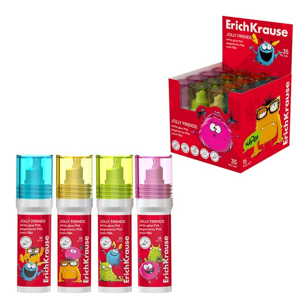 Клей ПВА ErichKrause Jolly Friends, 35мл, ассорти (в дисплее по 16 шт.) 65546