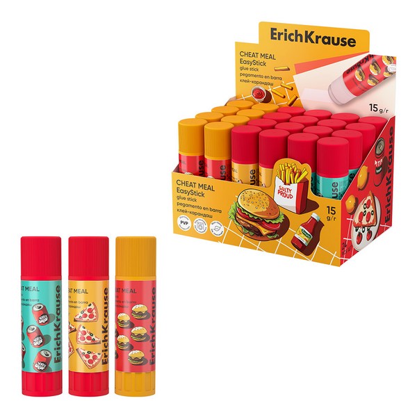 Клей-карандаш ErichKrause EasyStick Cheat Meal, 15г, ассорти (в коробке-дисплее по 24 шт.) 65005