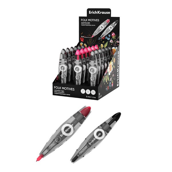 Корректирующая лента ErichKrause Spin Light Folk Motives, с автоматической фиксацией аппликатора, 5мм х 6м, ассорти (в дисплее по 18 шт.) 65027