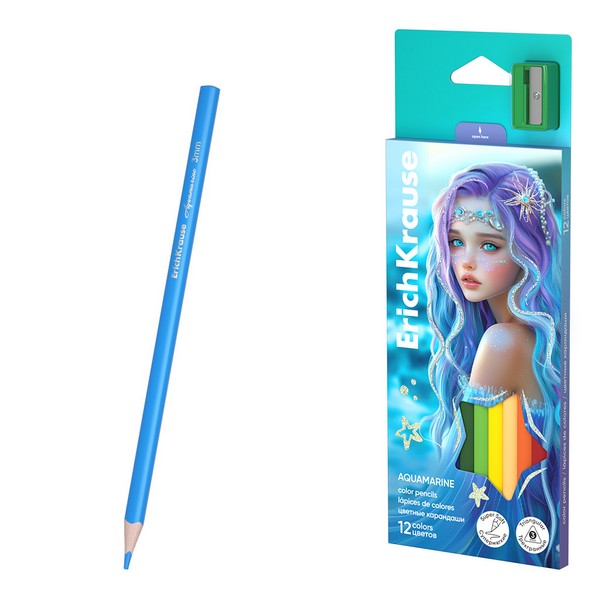 Цветные карандаши деревянные ErichKrause Aquamarine трехгранные, грифель 3 мм, 12 цветов с точилкой (в коробке с европодвесом 12 шт) 65024