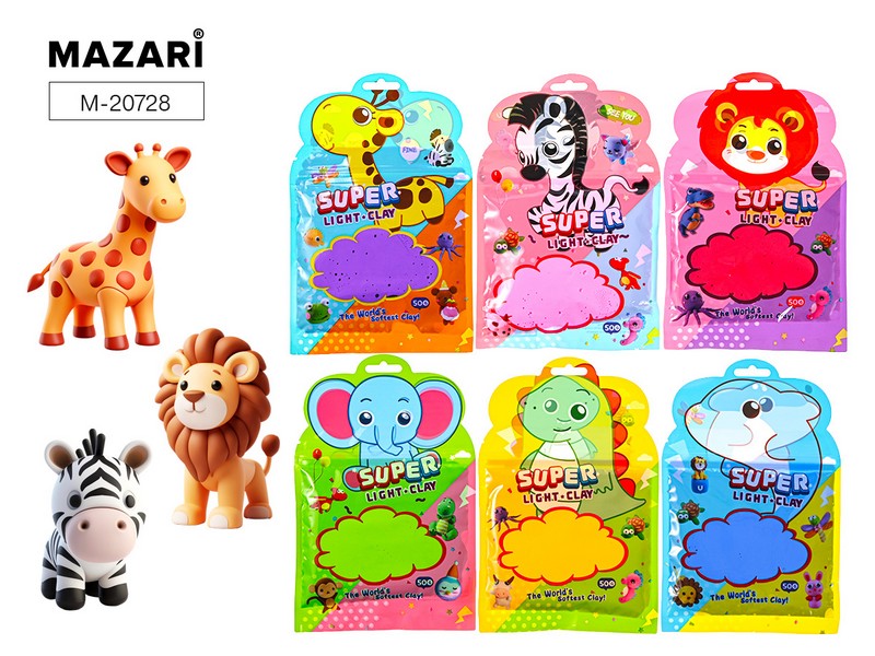 Суперлёгкий пластилин (масса д/лепки) ЖИВОТНЫЕ, 50 г, 6 цветов ассорти, зип-пакет с европодвесом M-20728