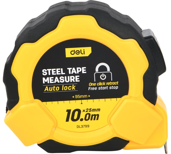 Рулетка Deli DL3799 10м*25мм, Автостоп, ударопрочный обрезиненный корпус, метрическая, клипса, ремешок 166282