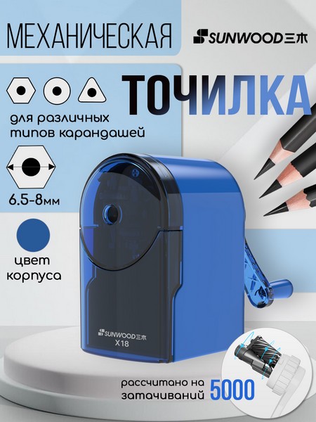 Точилка механическая 1 отверстие 6-8мм, корпус синий/прозрачный черный SUNWOOD, X18-NAVY X18-NAVY