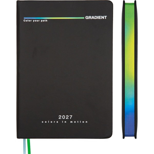 Ежедневник датированный 2027 "deVENTE. Gradient" A5 (145 ммx205 мм) 336 стр, белая бумага 70 г/м? в линейку с радужным срезом, печать в 2 краски, твердая обложка из искусственной кожи, шелкография, перфорация, закругленные уголки, 2 ляссе, в термоусадочной пленке, черный с салатово-синим 2232790