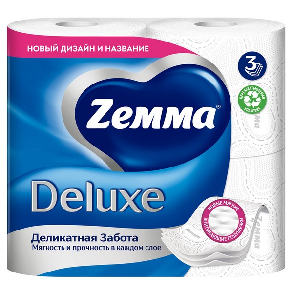 Бумага туалетная 3-слойная, 4 рулона (4х18 м), белая, ZEMMA/ZEWA Deluxe 126248