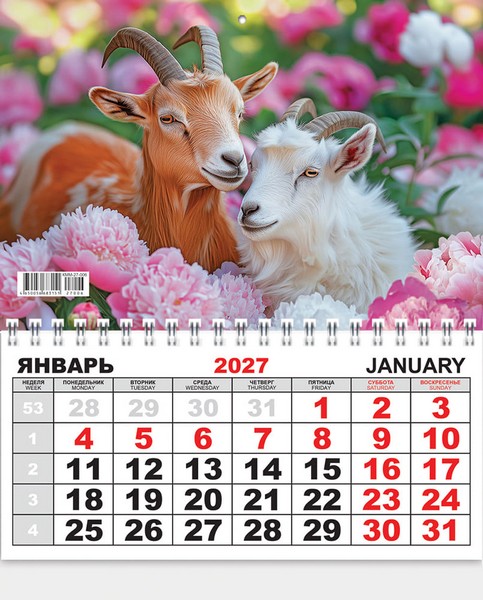 Календарь настенный одноблочный 2027 г. "Символ года. Козочки в пионах", Лис КММ-27-006