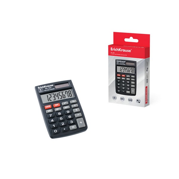 Калькулятор ErichKrause 8-разр. карманный черный 88*58мм с двойной системой питания PC-101 (40/80) 40101