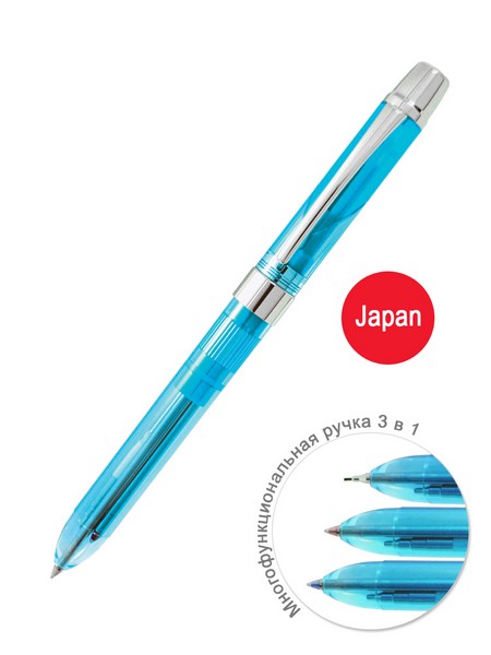 Ручка шариковая автоматическая PENAC ELE 001 3 в 1 синяя, красная, карандаш + ластик, голубой корпус TF1401-02909WP