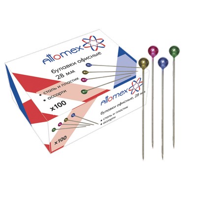 Булавки офис., 28мм, с пластиковой цветной шляпкой, 100шт в картонной упаковке, Attomex (10/250) 4130300