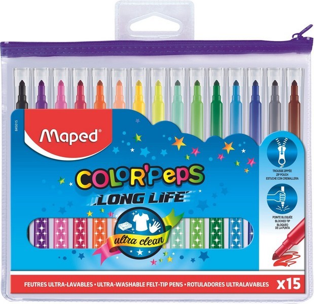 Фломастеры 15цв. Color Peps, треугольный корпус, в пластик. футляр на молнии, Maped  845015