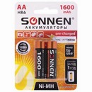 Батарейки аккумуляторные SONNEN, АА (HR06), Ni-Mh, 1600 mAh, 2 шт., в блистере, 454233 454233