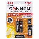 Батарейки аккумуляторные SONNEN, ААА (HR03), Ni-Mh, 1000 mAh, 2 шт., в блистере, 454237 454237